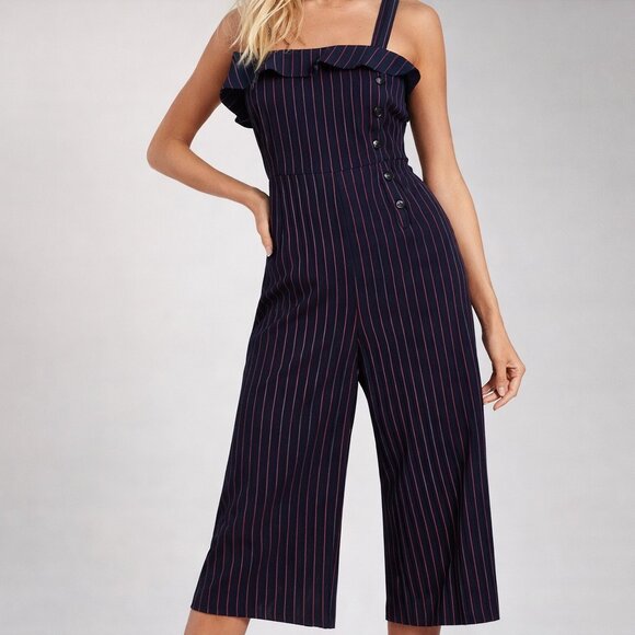 bp Pants - Essue Navy Pinstripe Wide Leg Jumpsuit | Button Detail | Size M